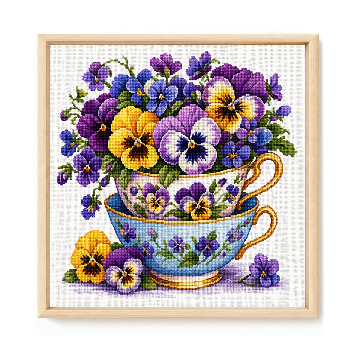Double Pansy Flower Cup - Full Stamped Cross Stitch 25x25CM - Huacan