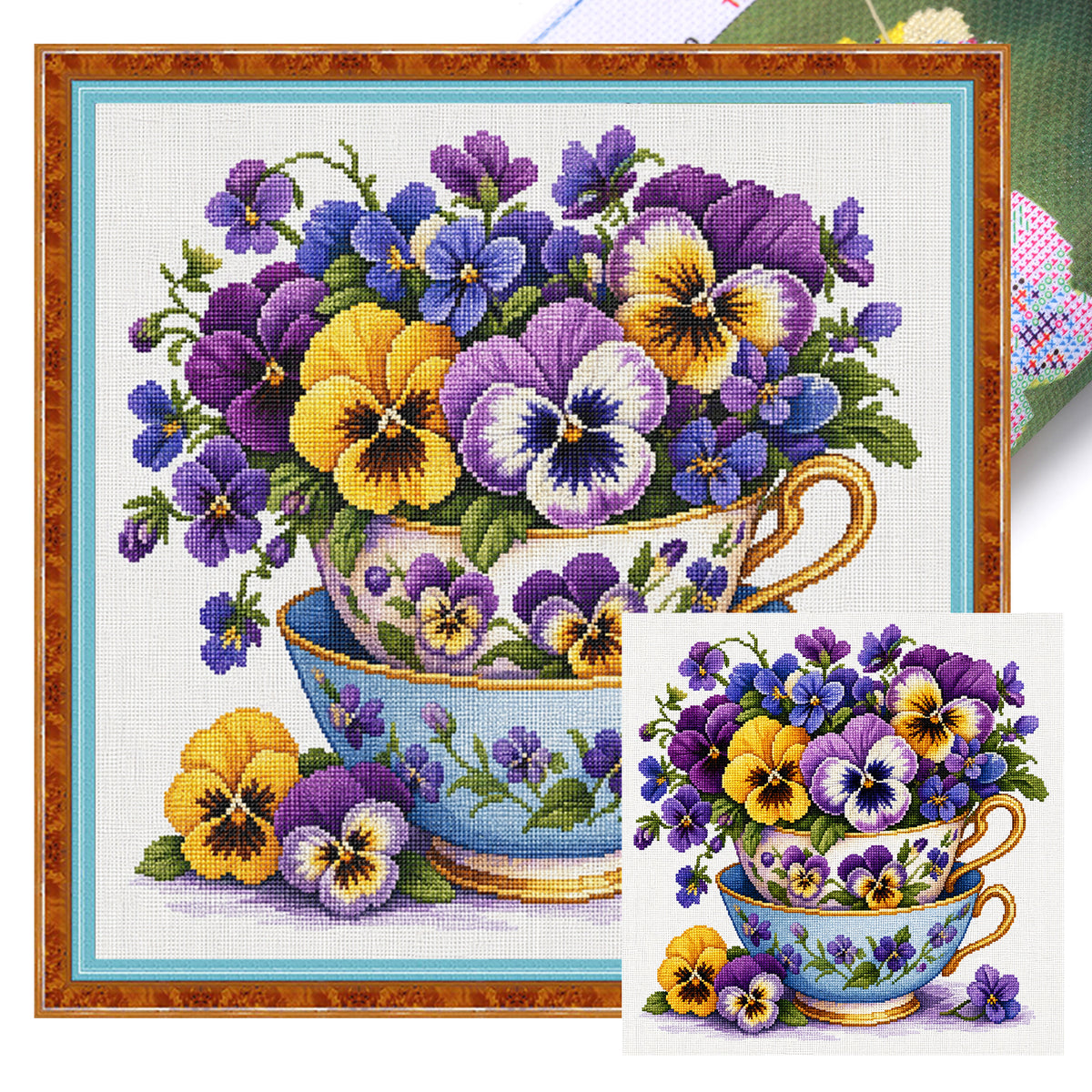 Double Pansy Flower Cup - Full Stamped Cross Stitch 25x25CM - Huacan