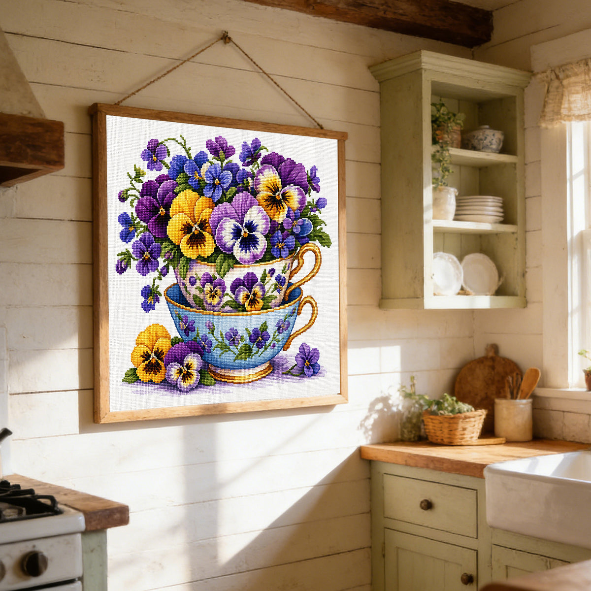 Double Pansy Flower Cup - Full Stamped Cross Stitch 25x25CM - Huacan