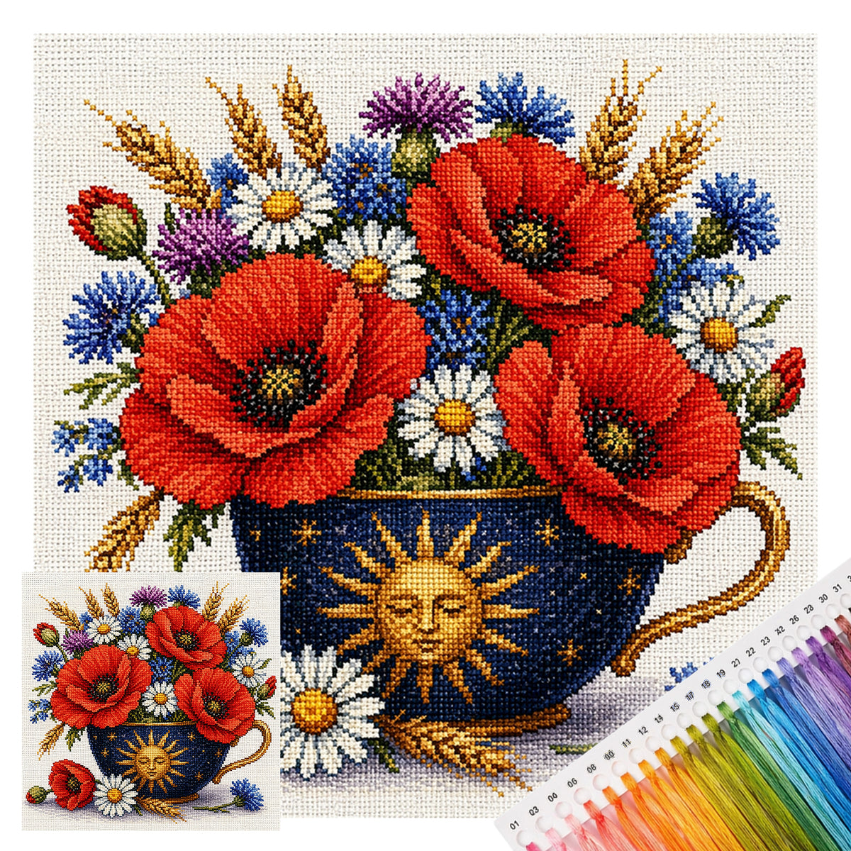 Sun Pattern Poppy Teapot - Full Stamped Cross Stitch 25x25CM - Huacan