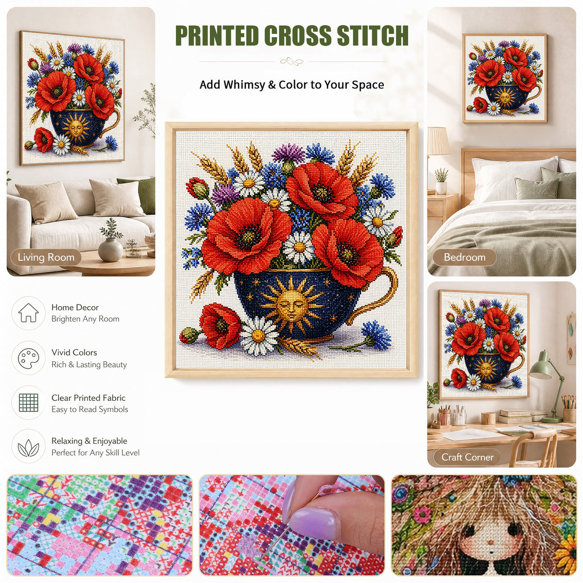 Sun Pattern Poppy Teapot - Full Stamped Cross Stitch 25x25CM - Huacan