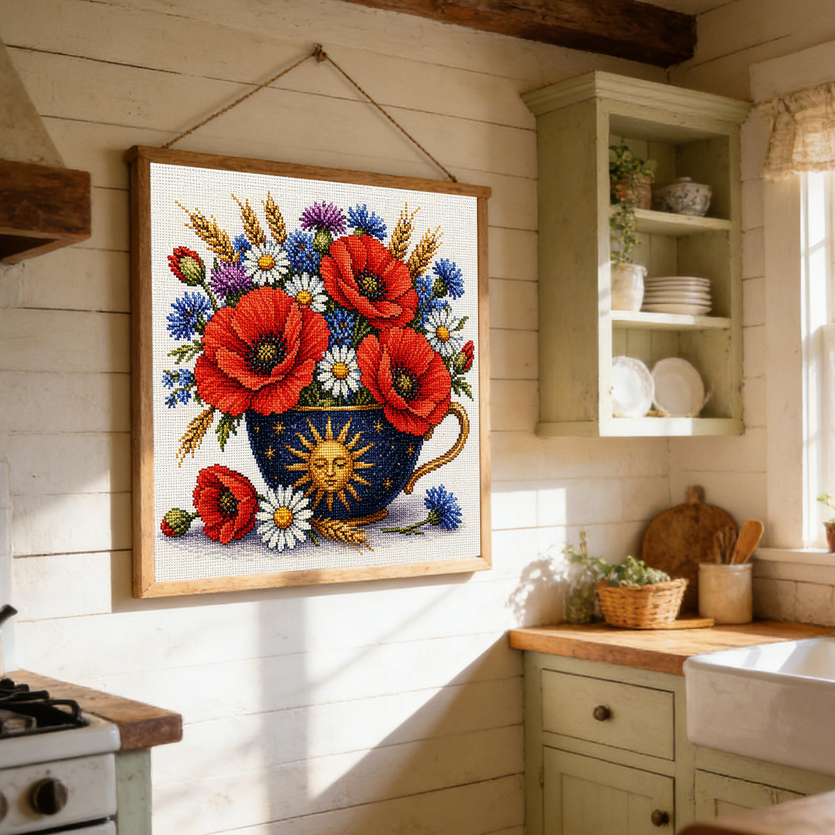 Sun Pattern Poppy Teapot - Full Stamped Cross Stitch 25x25CM - Huacan
