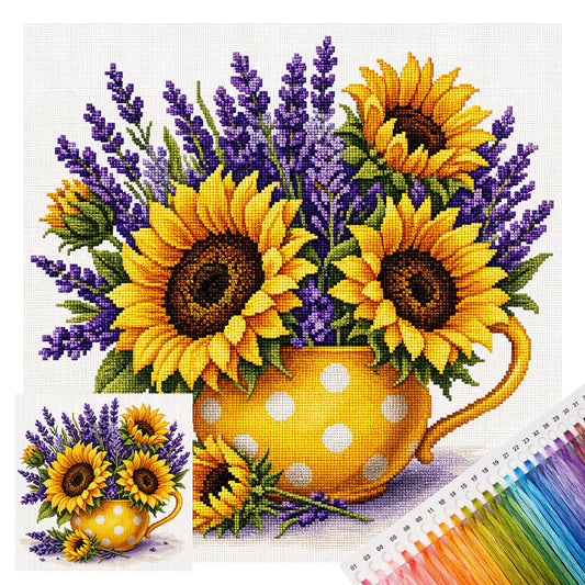 Sonnenblumen-Lavendel-Teekanne – Vollflächiges Stempel-Kreuzstich-Set 25x25cm – Huacan