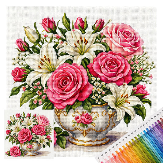 Porzellanvase mit Rosen & Lilien – Vollgestickter Kreuzstich 25x25CM – Huacan