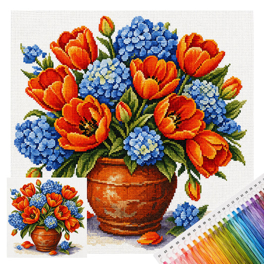 Orange Tulpe Hortensie Tontopf – Vollgestickter Kreuzstich 25x25CM – Huacan