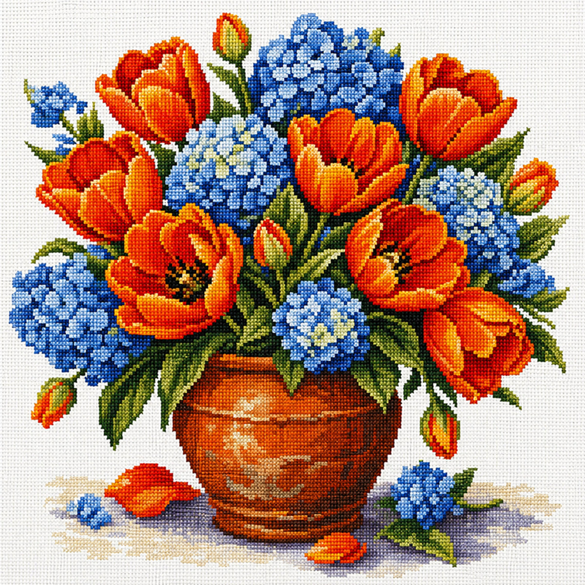 Orange Tulpe Hortensie Tontopf – Vollgestickter Kreuzstich 25x25CM – Huacan