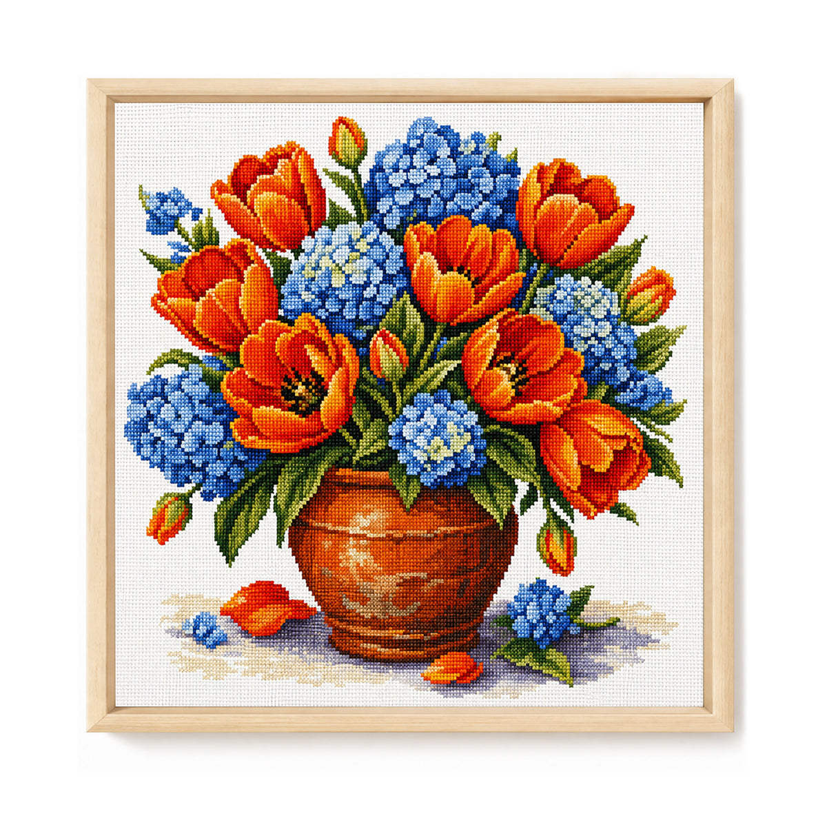 Orange Tulpe Hortensie Tontopf – Vollgestickter Kreuzstich 25x25CM – Huacan