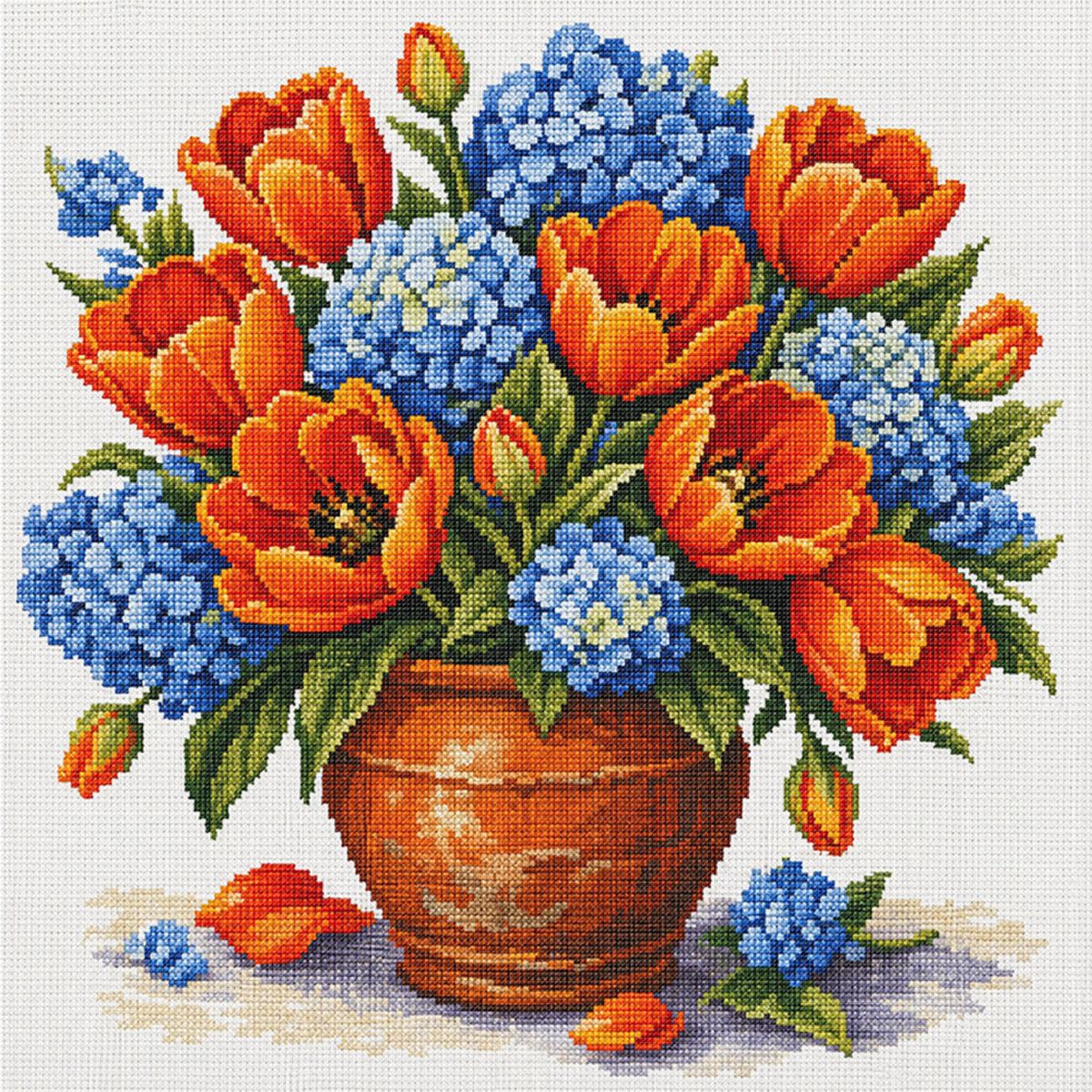 Orange Tulpe Hortensie Tontopf – Vollgestickter Kreuzstich 25x25CM – Huacan