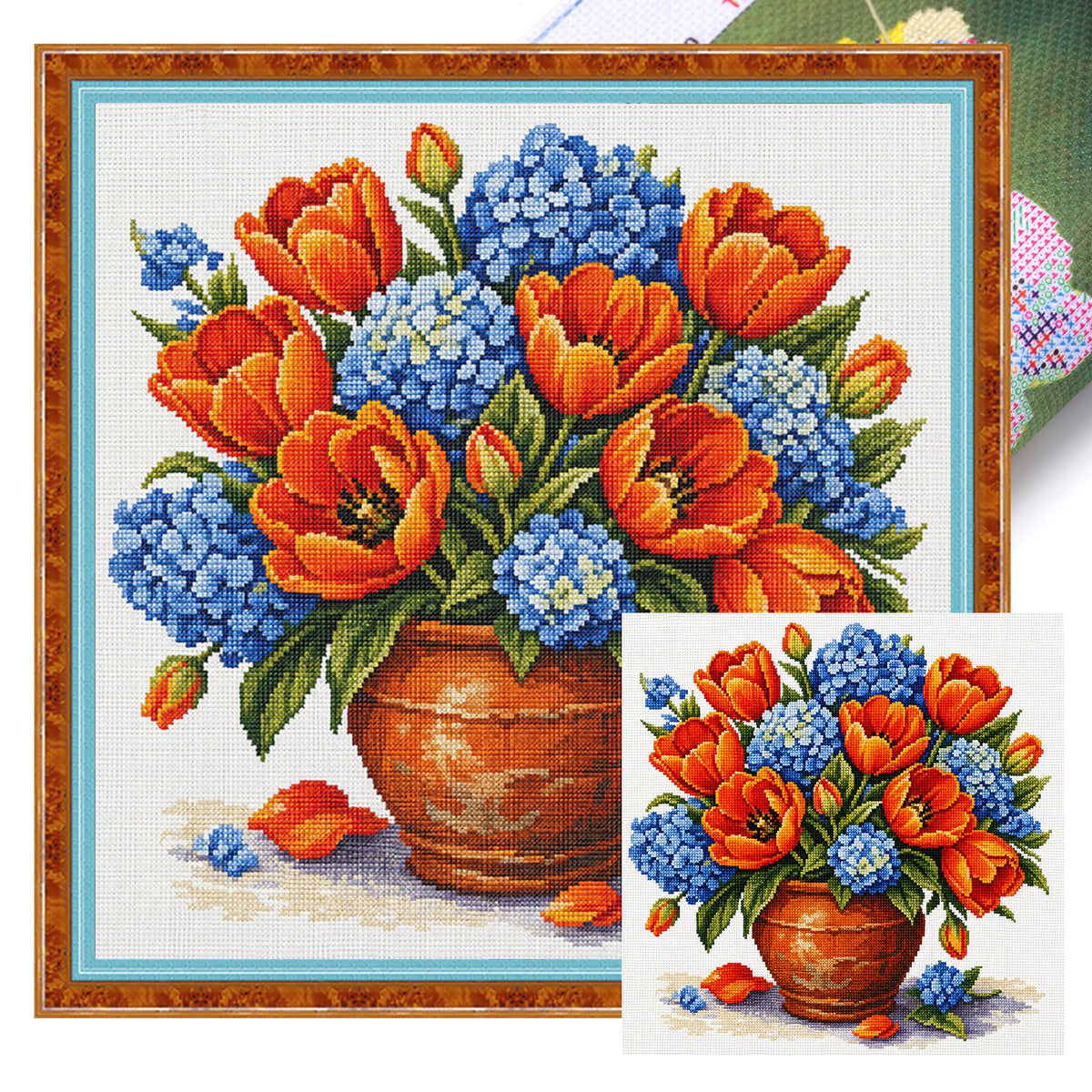 Orange Tulpe Hortensie Tontopf – Vollgestickter Kreuzstich 25x25CM – Huacan