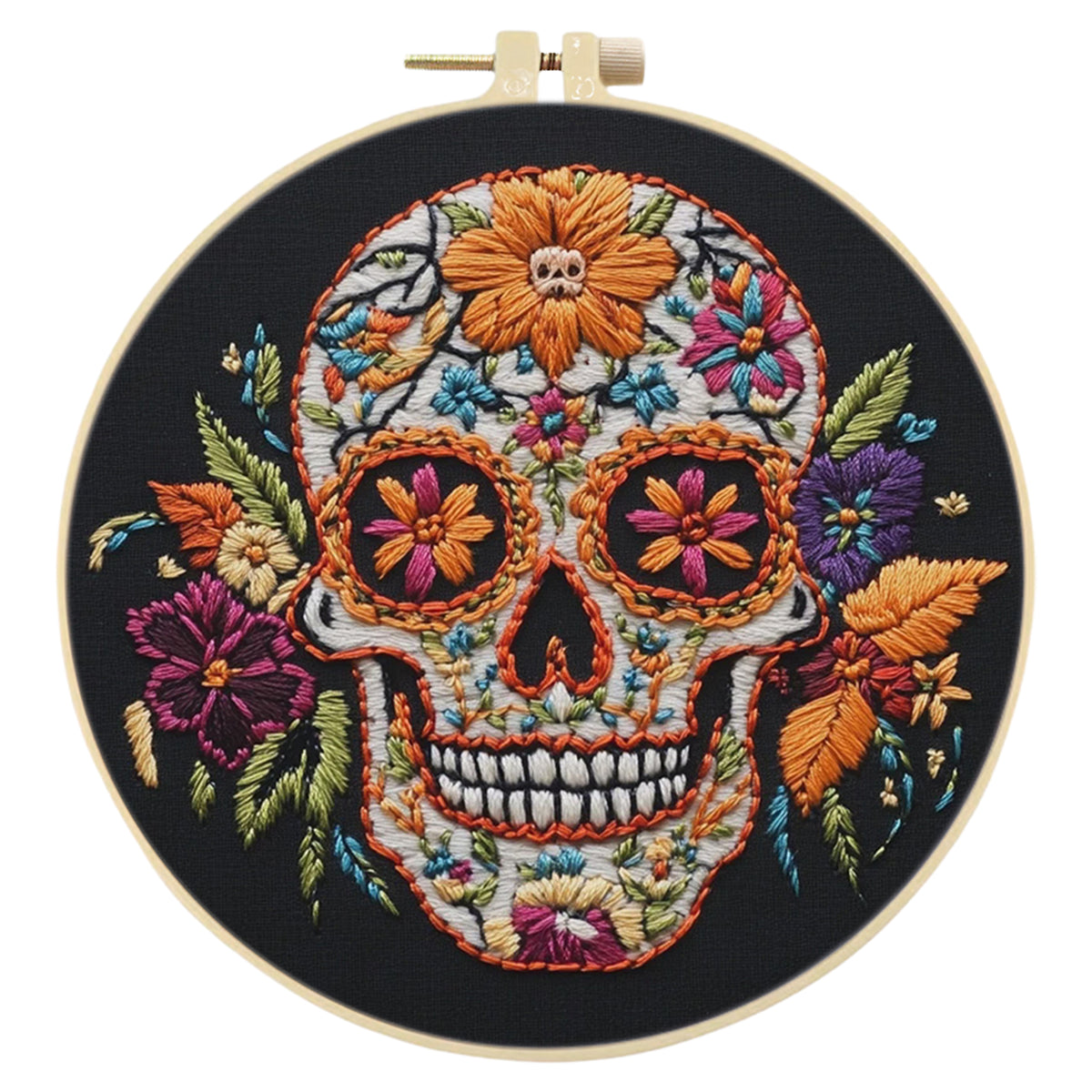 Floral Skull - DIY Embroidery Cross Stitch Kit with Pattern Cotton Threads Needles Hoop 30×30CM/11.81×11.81in