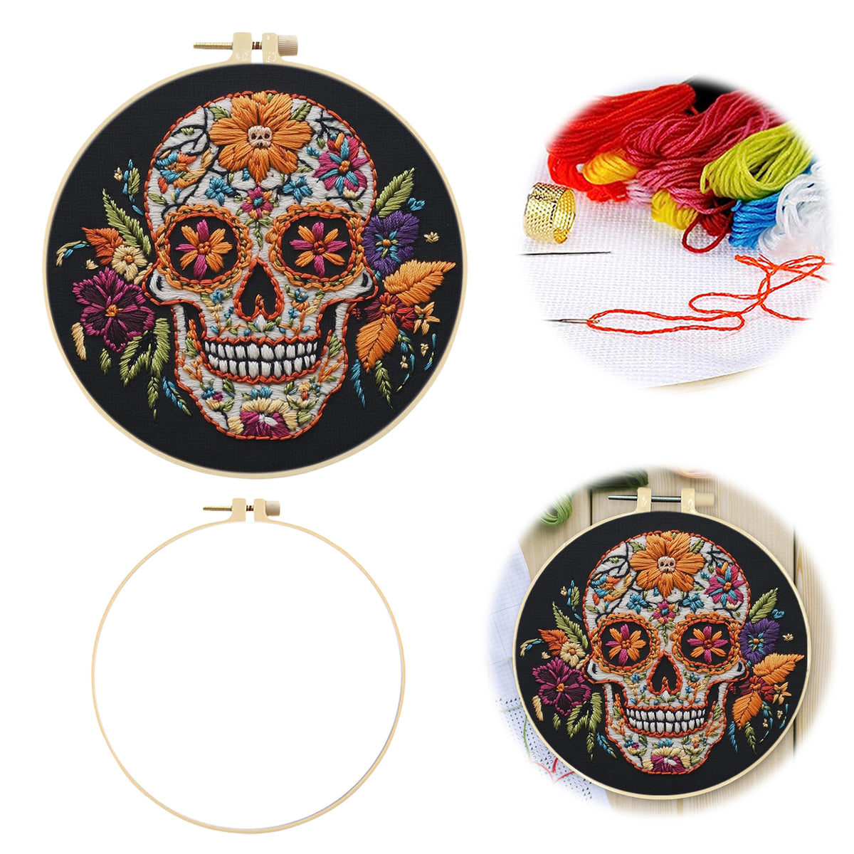 Floral Skull - DIY Embroidery Cross Stitch Kit with Pattern Cotton Threads Needles Hoop 30×30CM/11.81×11.81in