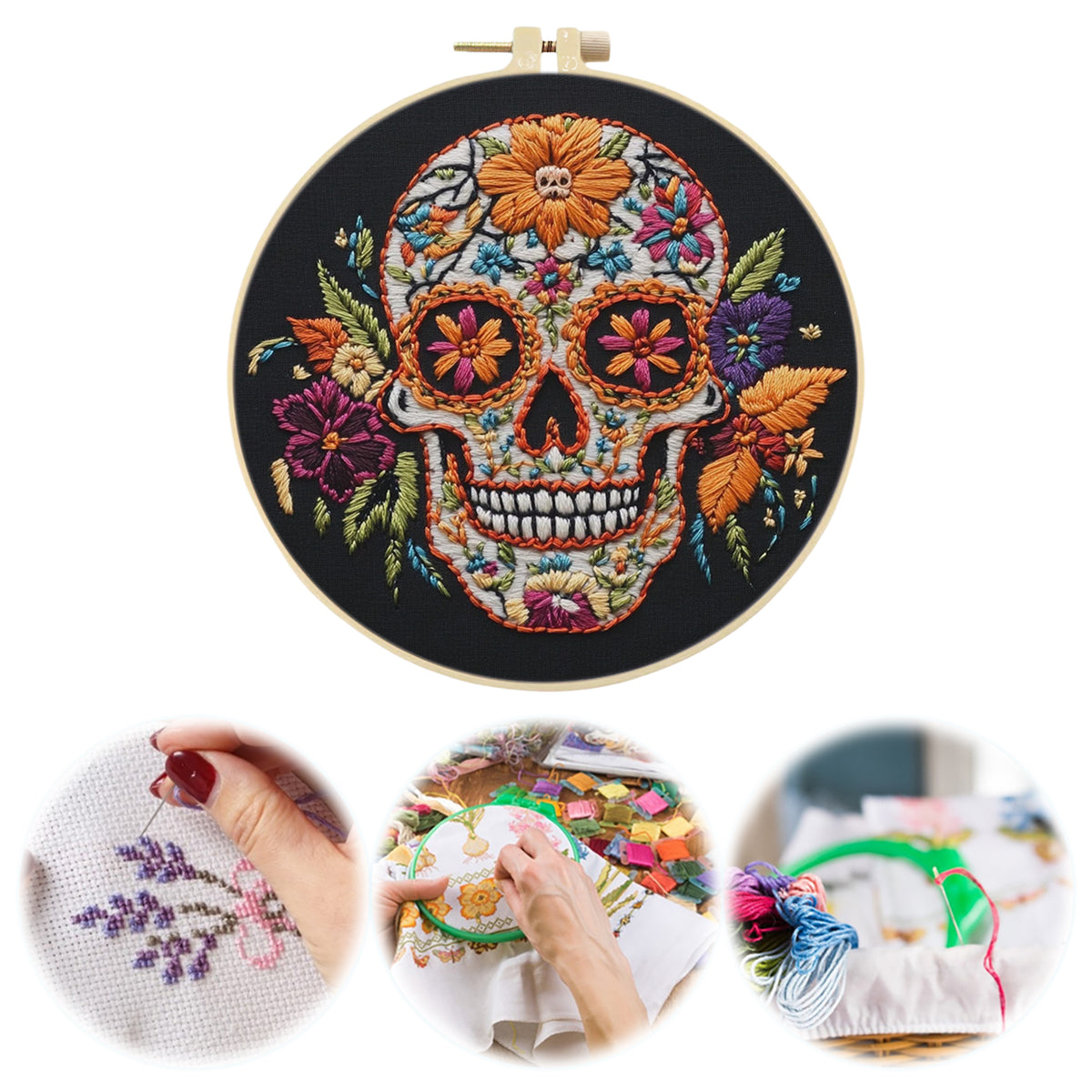 Floral Skull - DIY Embroidery Cross Stitch Kit with Pattern Cotton Threads Needles Hoop 30×30CM/11.81×11.81in