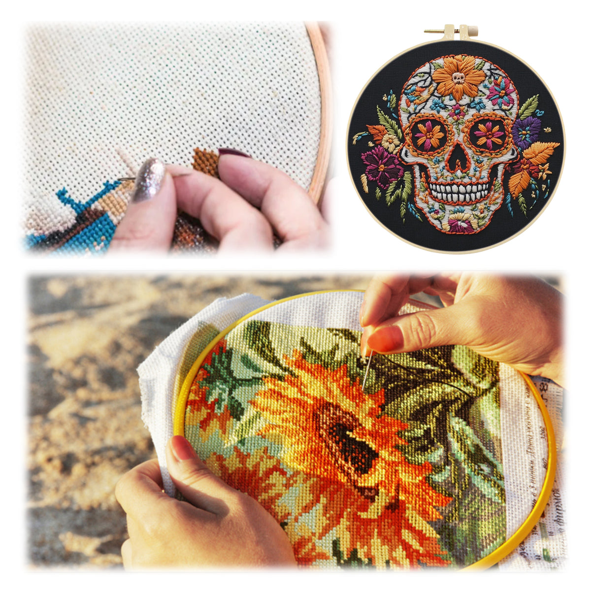 Floral Skull - DIY Embroidery Cross Stitch Kit with Pattern Cotton Threads Needles Hoop 30×30CM/11.81×11.81in
