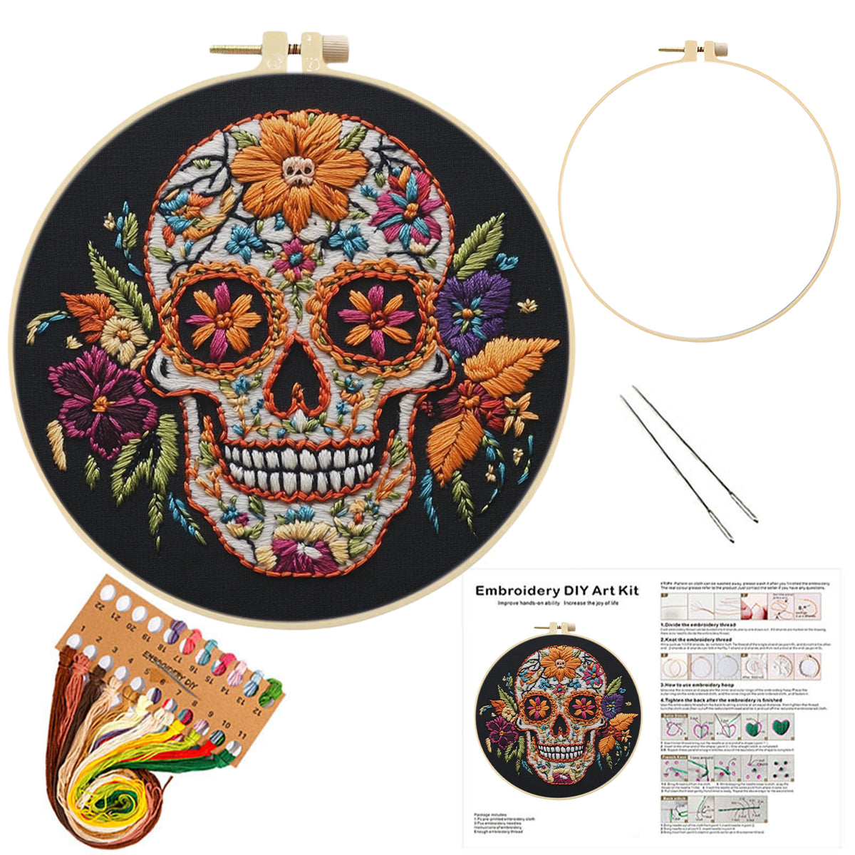 Floral Skull - DIY Embroidery Cross Stitch Kit with Pattern Cotton Threads Needles Hoop 30×30CM/11.81×11.81in