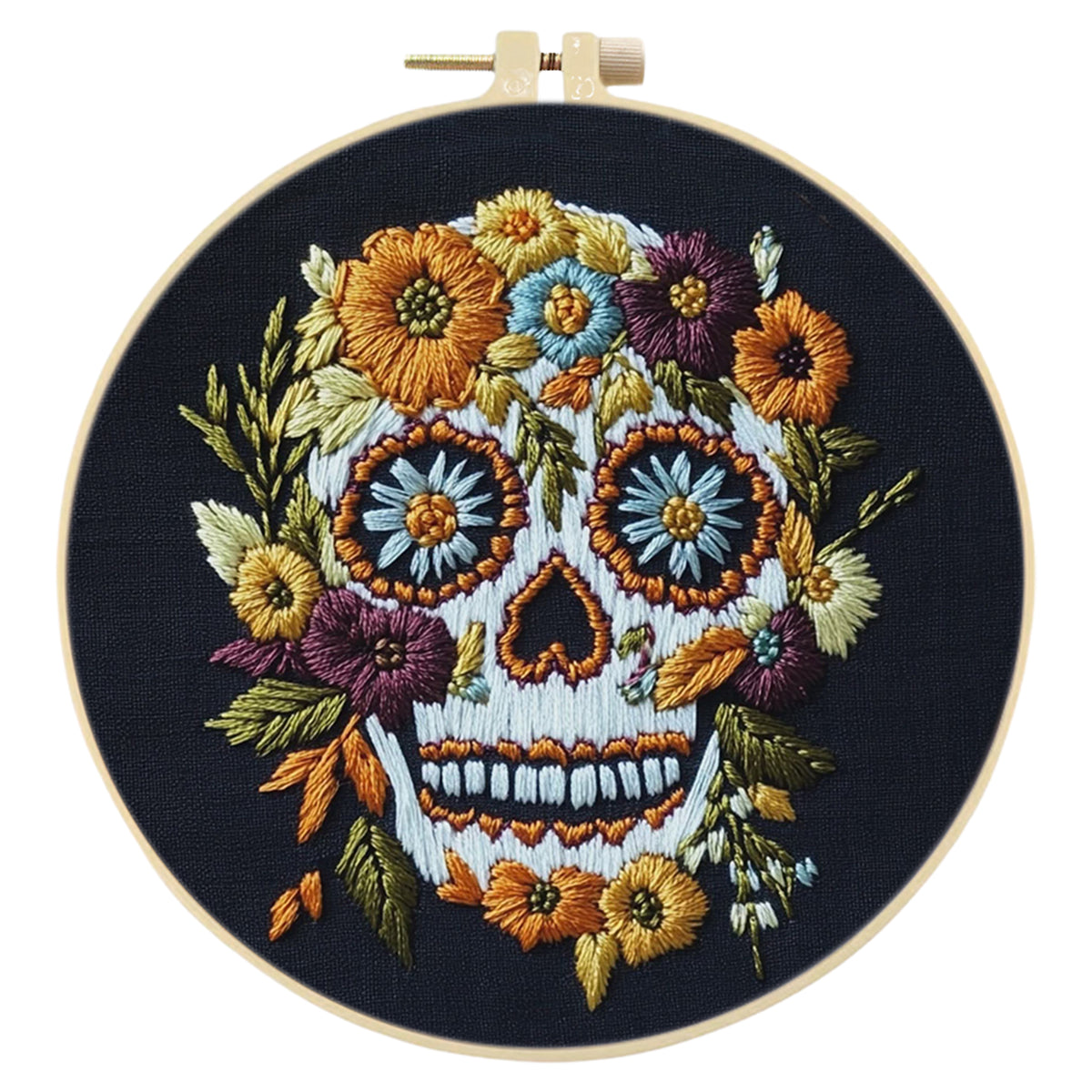 Daisy Skull - DIY Embroidery Cross Stitch Kit with Pattern Cotton Threads Needles Hoop 30×30CM/11.81×11.81in