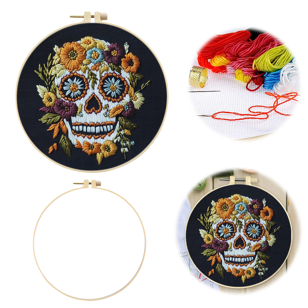 Daisy Skull - DIY Embroidery Cross Stitch Kit with Pattern Cotton Threads Needles Hoop 30×30CM/11.81×11.81in