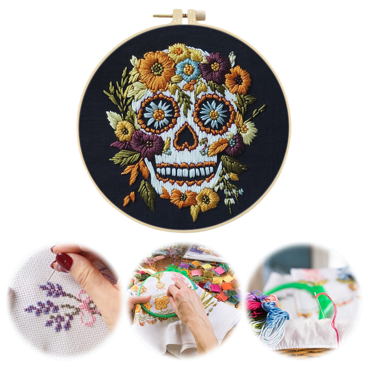Daisy Skull - DIY Embroidery Cross Stitch Kit with Pattern Cotton Threads Needles Hoop 30×30CM/11.81×11.81in
