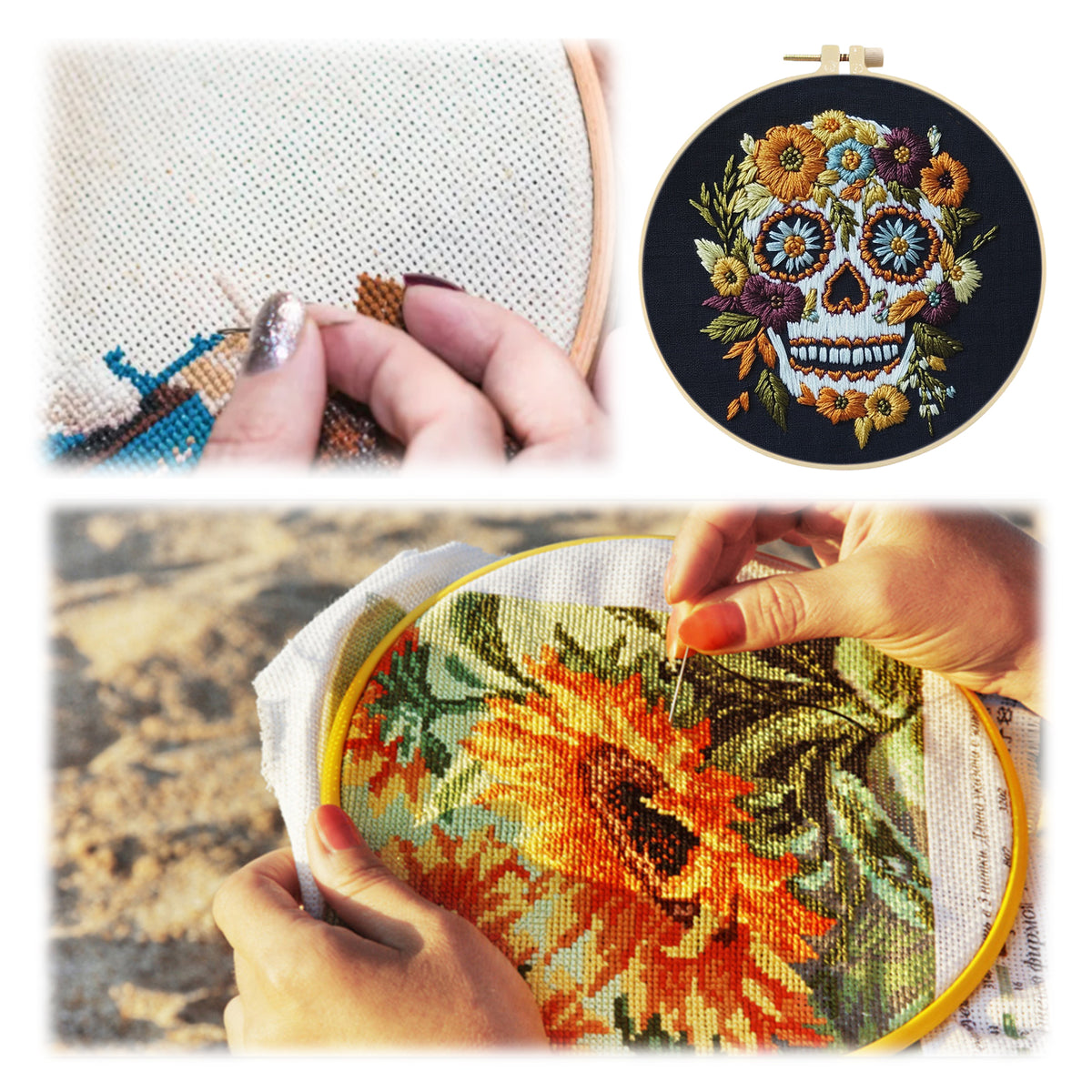 Daisy Skull - DIY Embroidery Cross Stitch Kit with Pattern Cotton Threads Needles Hoop 30×30CM/11.81×11.81in