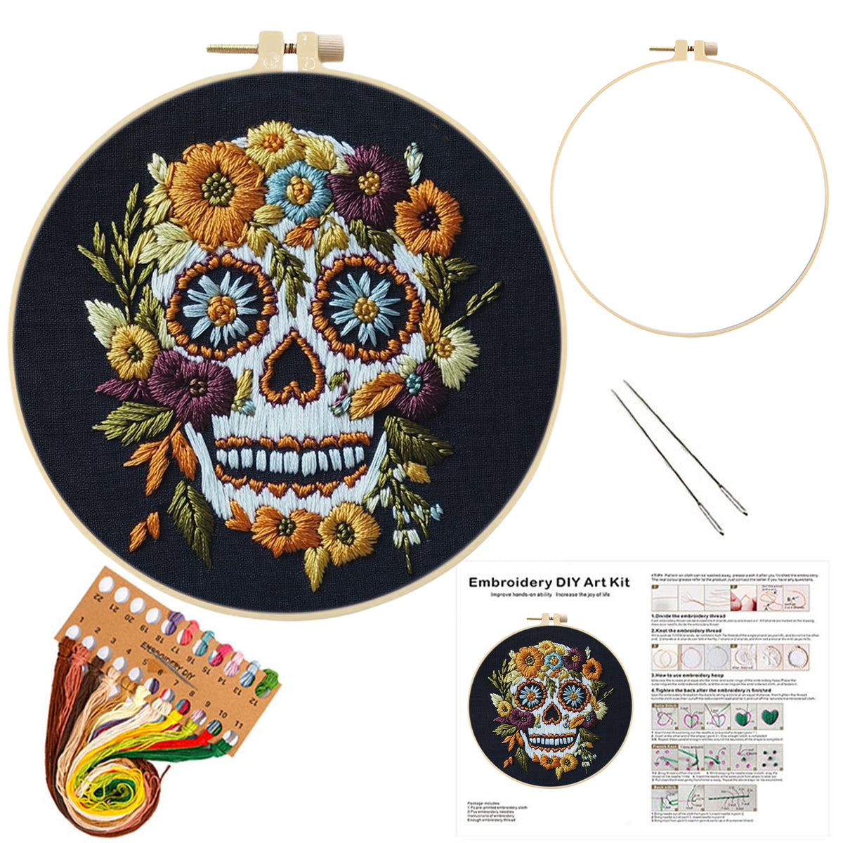 Daisy Skull - DIY Embroidery Cross Stitch Kit with Pattern Cotton Threads Needles Hoop 30×30CM/11.81×11.81in