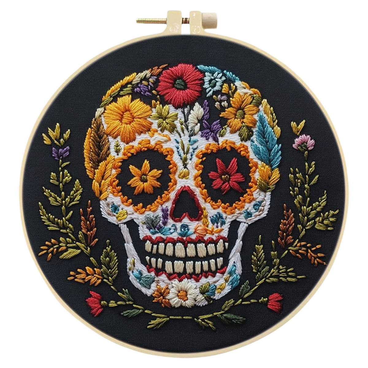 Wildflower Skull - DIY Embroidery Cross Stitch Kit with Pattern Cotton Threads Needles Hoop 30×30CM/11.81×11.81in