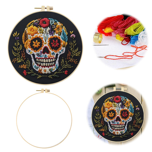 Wildflower Skull - DIY Embroidery Cross Stitch Kit with Pattern Cotton Threads Needles Hoop 30×30CM/11.81×11.81in