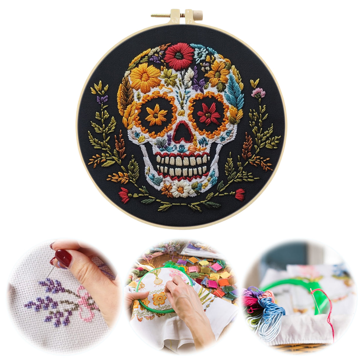 Wildflower Skull - DIY Embroidery Cross Stitch Kit with Pattern Cotton Threads Needles Hoop 30×30CM/11.81×11.81in