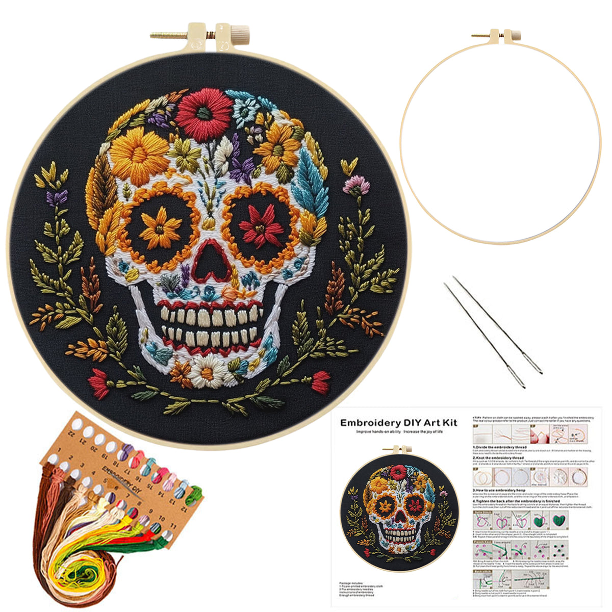 Wildflower Skull - DIY Embroidery Cross Stitch Kit with Pattern Cotton Threads Needles Hoop 30×30CM/11.81×11.81in