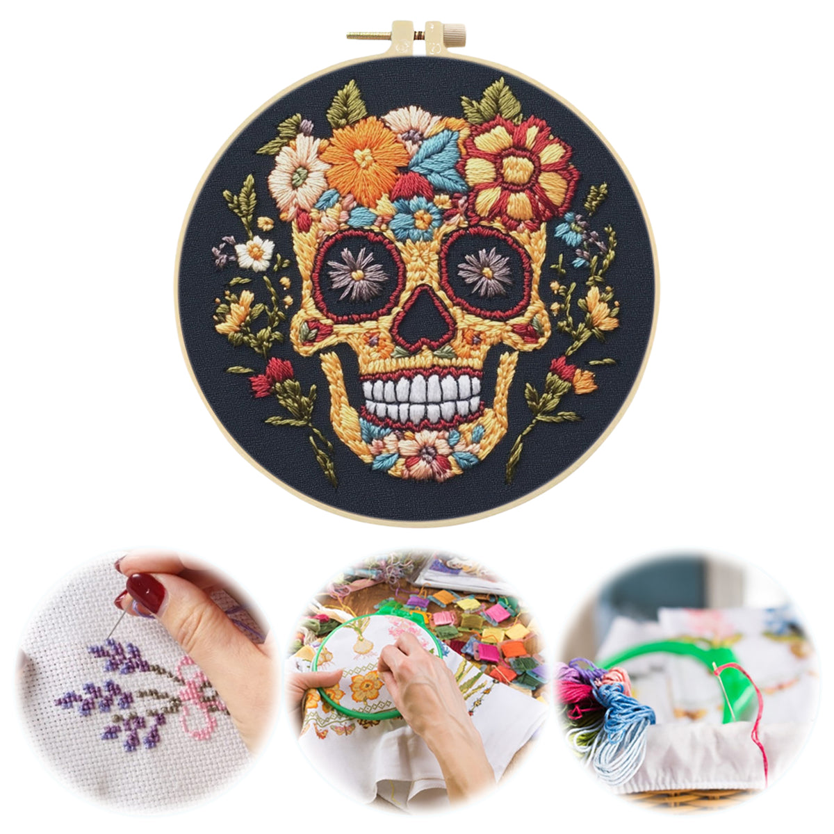 Golden Skull - DIY Embroidery Cross Stitch Kit with Pattern Cotton Threads Needles Hoop 30×30CM/11.81×11.81in