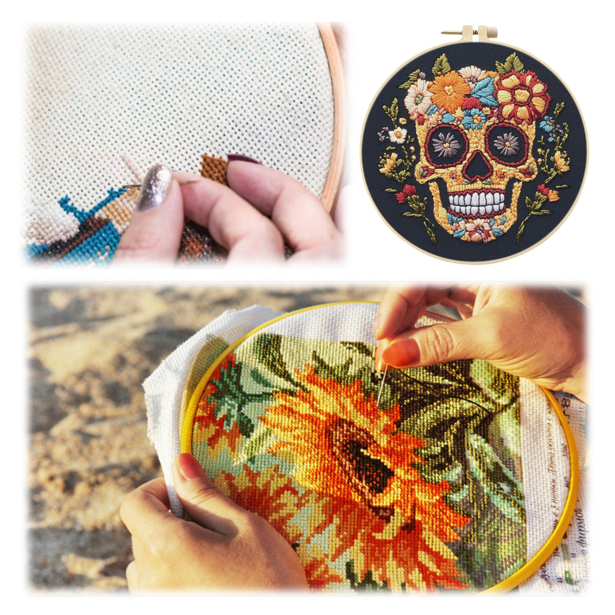 Golden Skull - DIY Embroidery Cross Stitch Kit with Pattern Cotton Threads Needles Hoop 30×30CM/11.81×11.81in