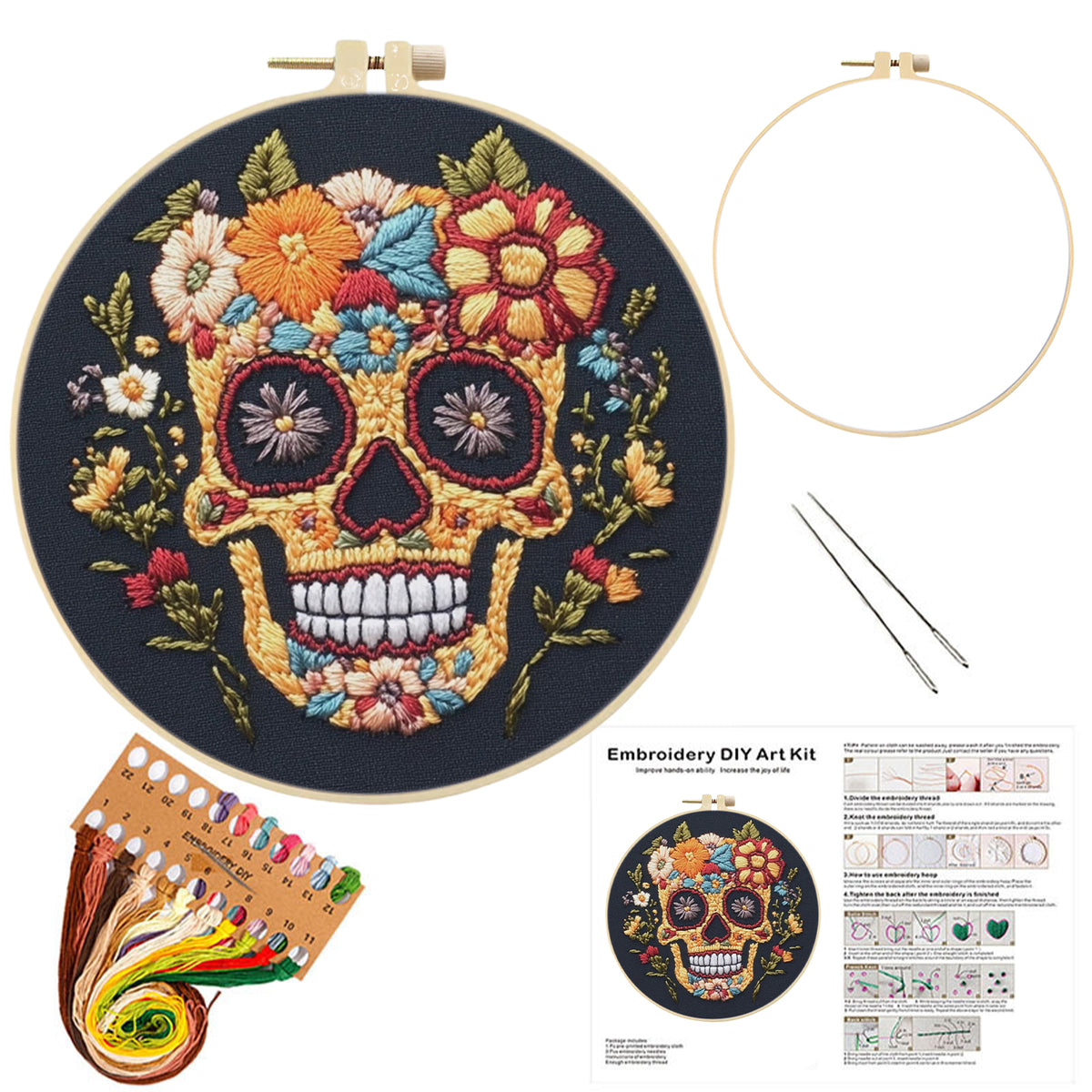 Golden Skull - DIY Embroidery Cross Stitch Kit with Pattern Cotton Threads Needles Hoop 30×30CM/11.81×11.81in