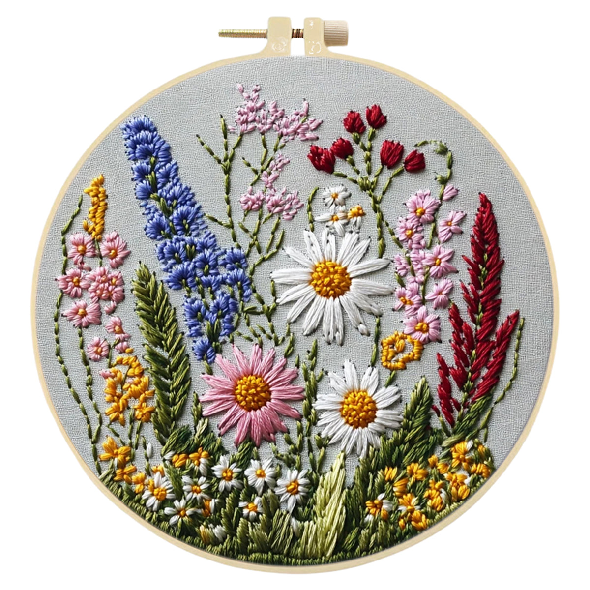 Wilde Gänseblümchen – DIY-Stickset für Kreuzstich mit Muster, Baumwollgarnen, Nadeln und Stickrahmen, 30×30 cm