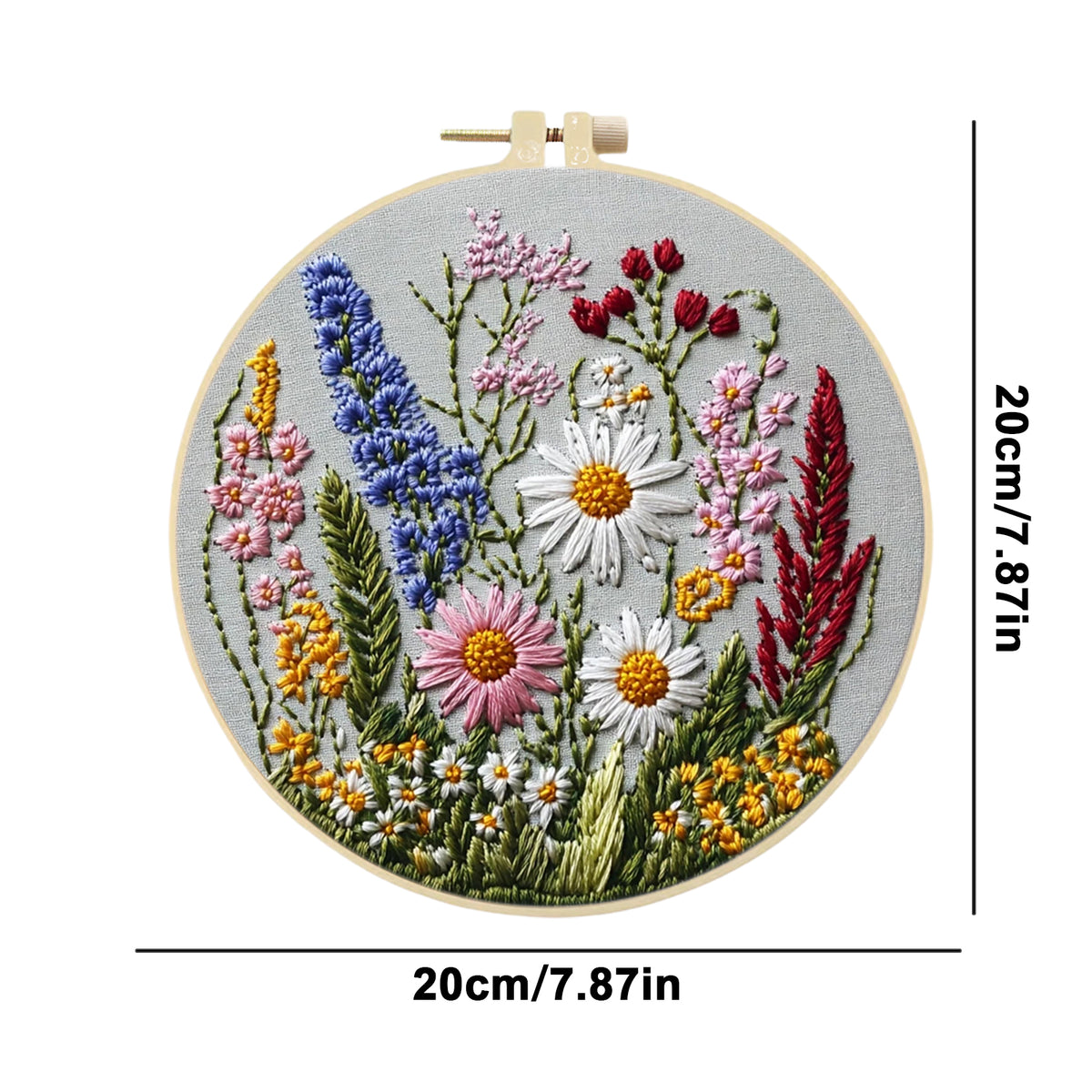 Wilde Gänseblümchen – DIY-Stickset für Kreuzstich mit Muster, Baumwollgarnen, Nadeln und Stickrahmen, 30×30 cm