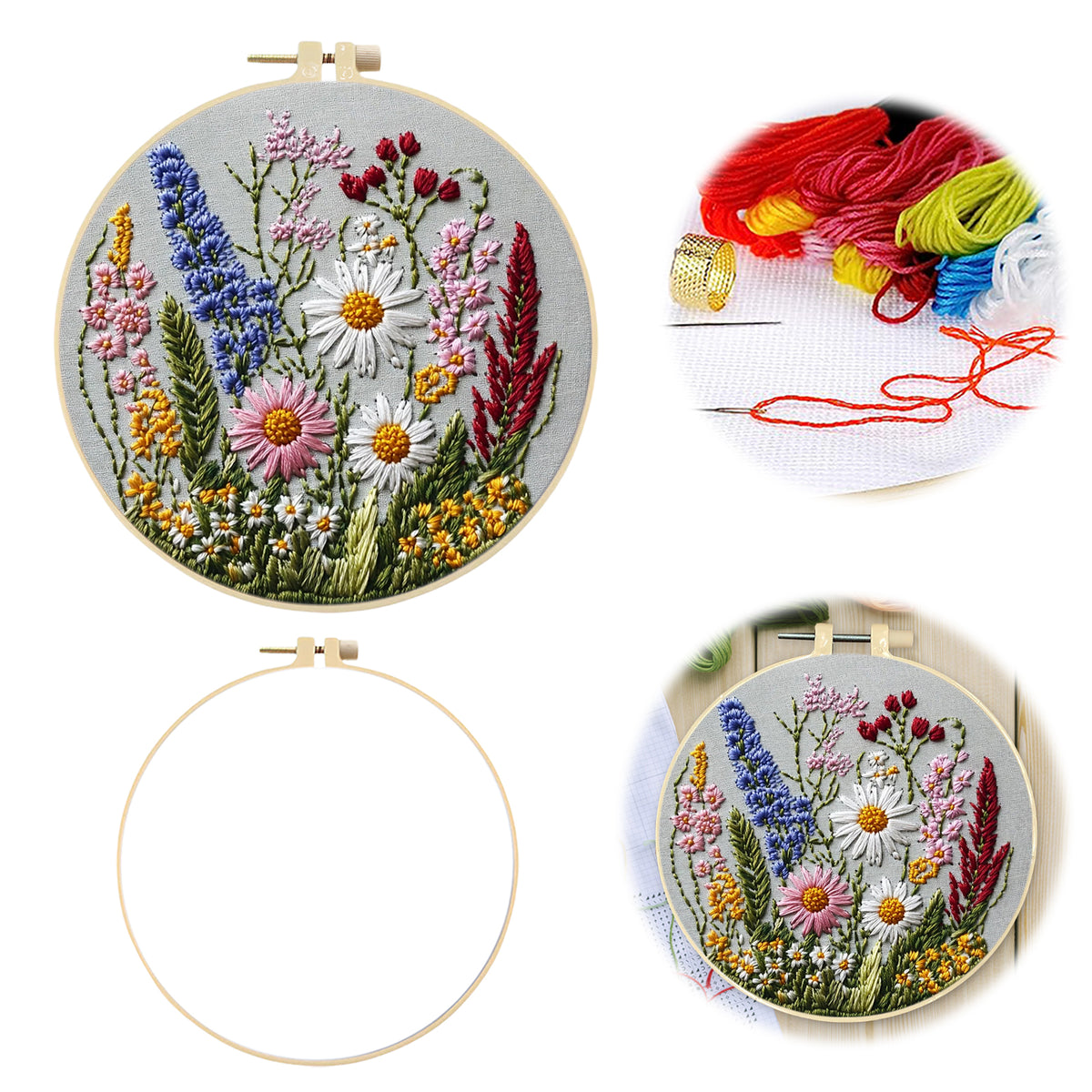 Wilde Gänseblümchen – DIY-Stickset für Kreuzstich mit Muster, Baumwollgarnen, Nadeln und Stickrahmen, 30×30 cm
