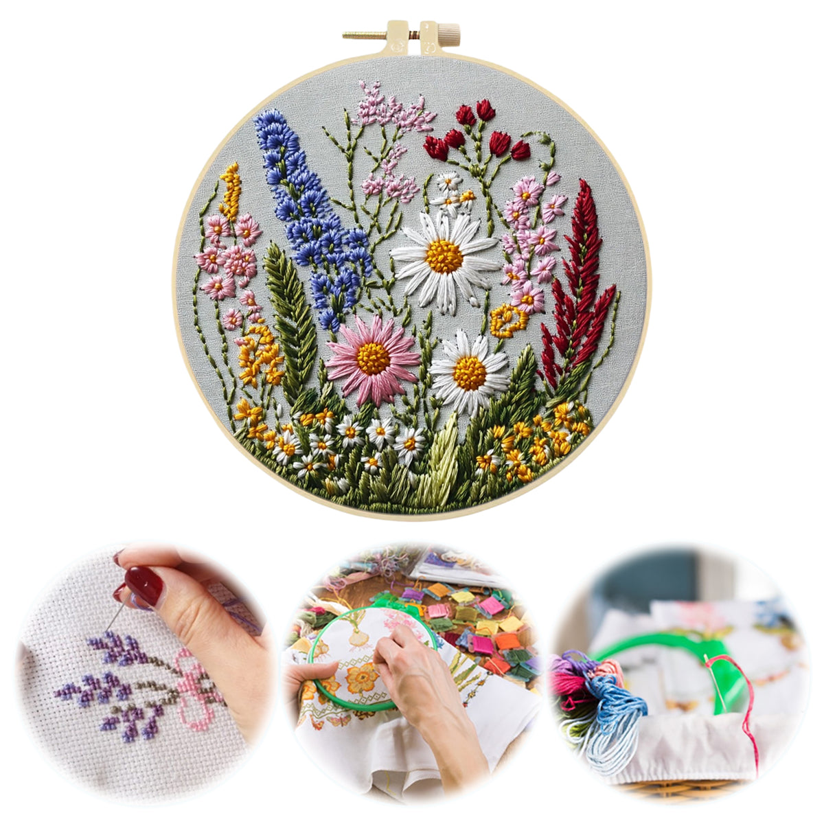 Wilde Gänseblümchen – DIY-Stickset für Kreuzstich mit Muster, Baumwollgarnen, Nadeln und Stickrahmen, 30×30 cm