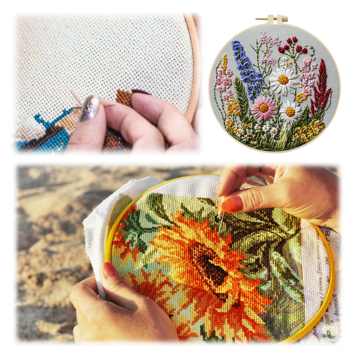 Wilde Gänseblümchen – DIY-Stickset für Kreuzstich mit Muster, Baumwollgarnen, Nadeln und Stickrahmen, 30×30 cm