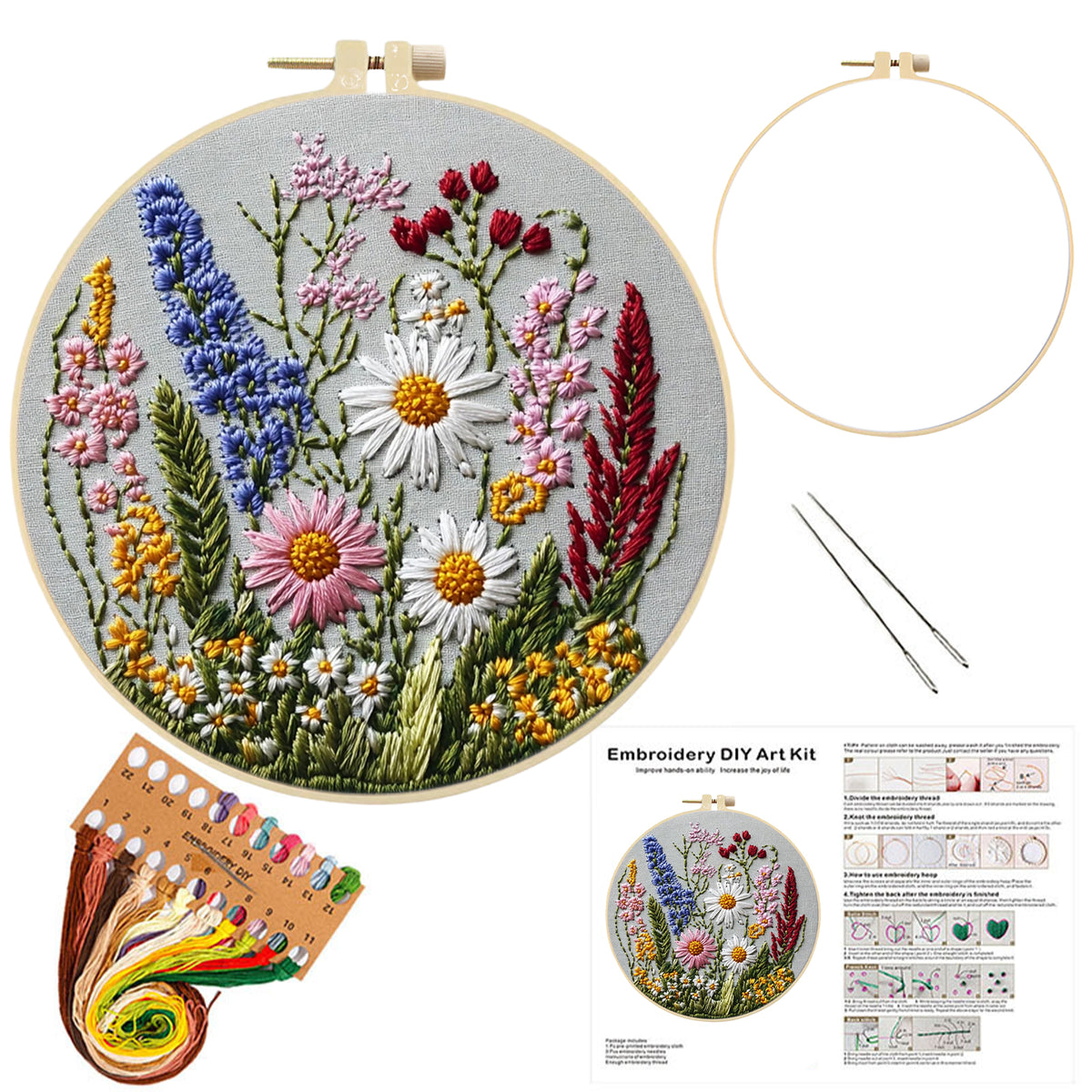 Wilde Gänseblümchen – DIY-Stickset für Kreuzstich mit Muster, Baumwollgarnen, Nadeln und Stickrahmen, 30×30 cm
