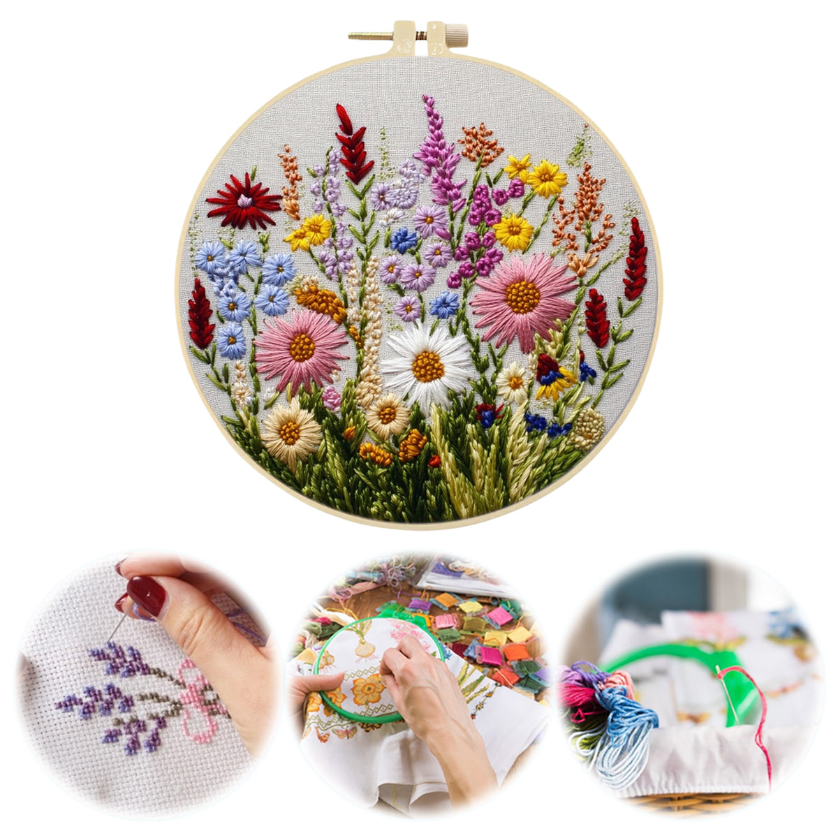 Mixed Blooms - DIY Embroidery Cross Stitch Kit with Pattern Cotton Threads Needles Hoop 30×30CM/11.81×11.81in