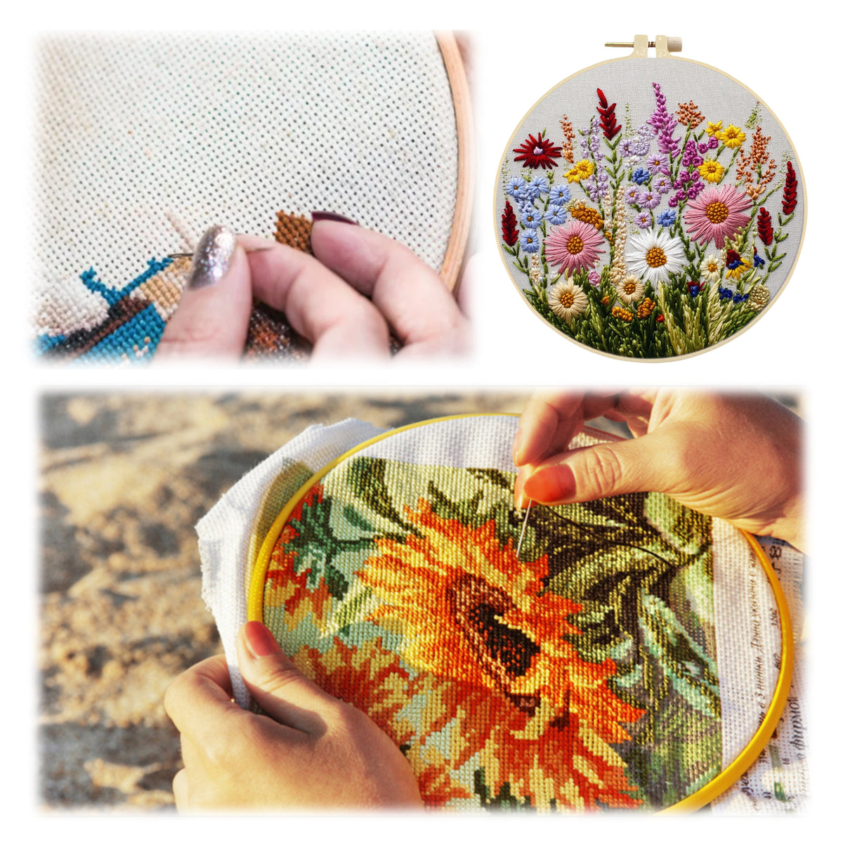 Mixed Blooms - DIY Embroidery Cross Stitch Kit with Pattern Cotton Threads Needles Hoop 30×30CM/11.81×11.81in