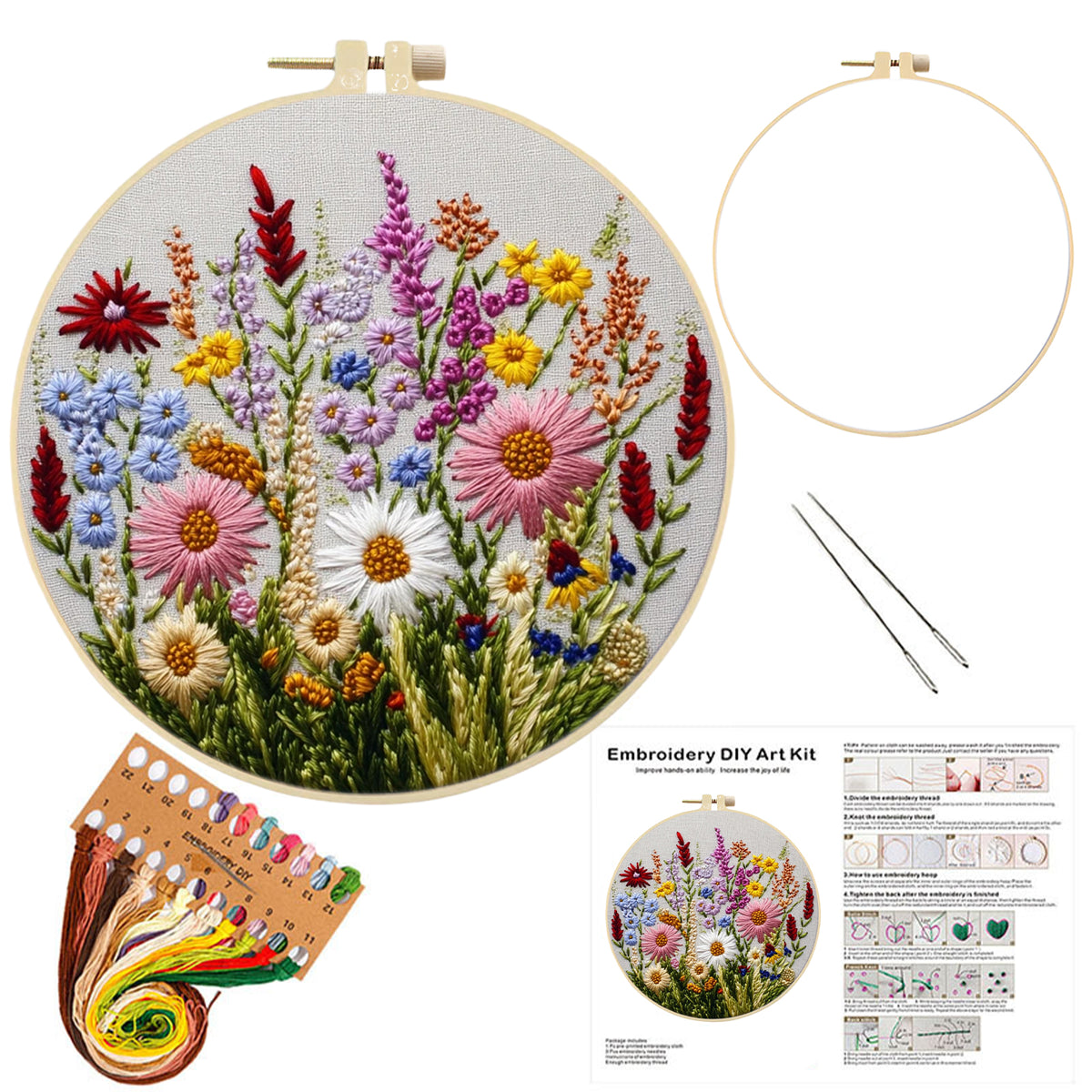 Mixed Blooms - DIY Embroidery Cross Stitch Kit with Pattern Cotton Threads Needles Hoop 30×30CM/11.81×11.81in