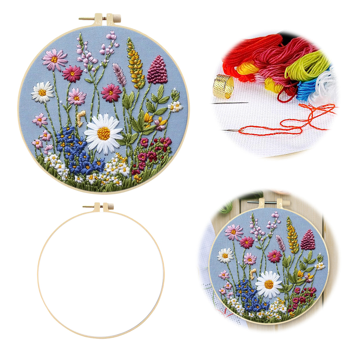 Pastel Floral - DIY Embroidery Cross Stitch Kit with Pattern Cotton Threads Needles Hoop 30×30CM/11.81×11.81in