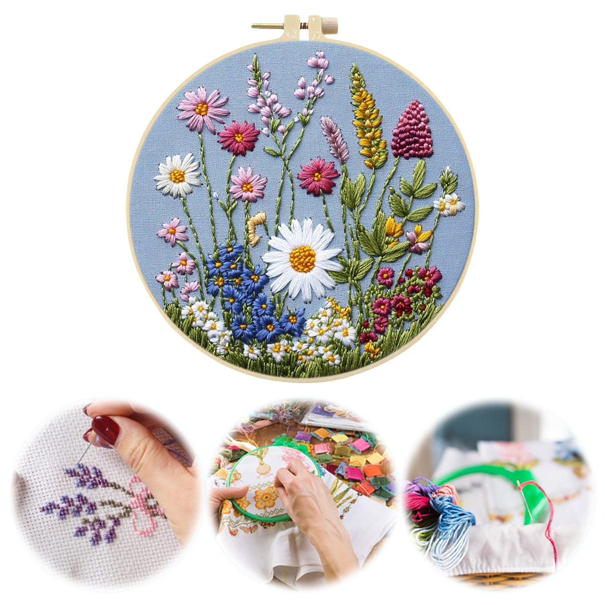 Pastel Floral - DIY Embroidery Cross Stitch Kit with Pattern Cotton Threads Needles Hoop 30×30CM/11.81×11.81in