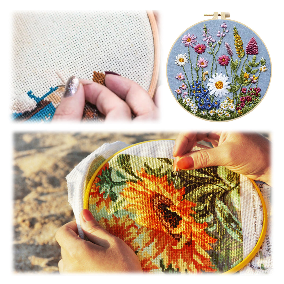 Pastel Floral - DIY Embroidery Cross Stitch Kit with Pattern Cotton Threads Needles Hoop 30×30CM/11.81×11.81in