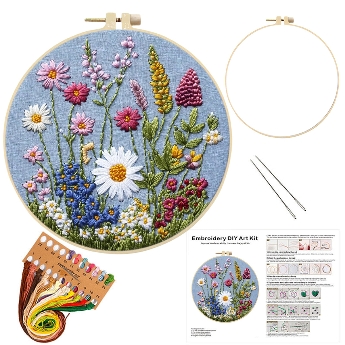Pastel Floral - DIY Embroidery Cross Stitch Kit with Pattern Cotton Threads Needles Hoop 30×30CM/11.81×11.81in