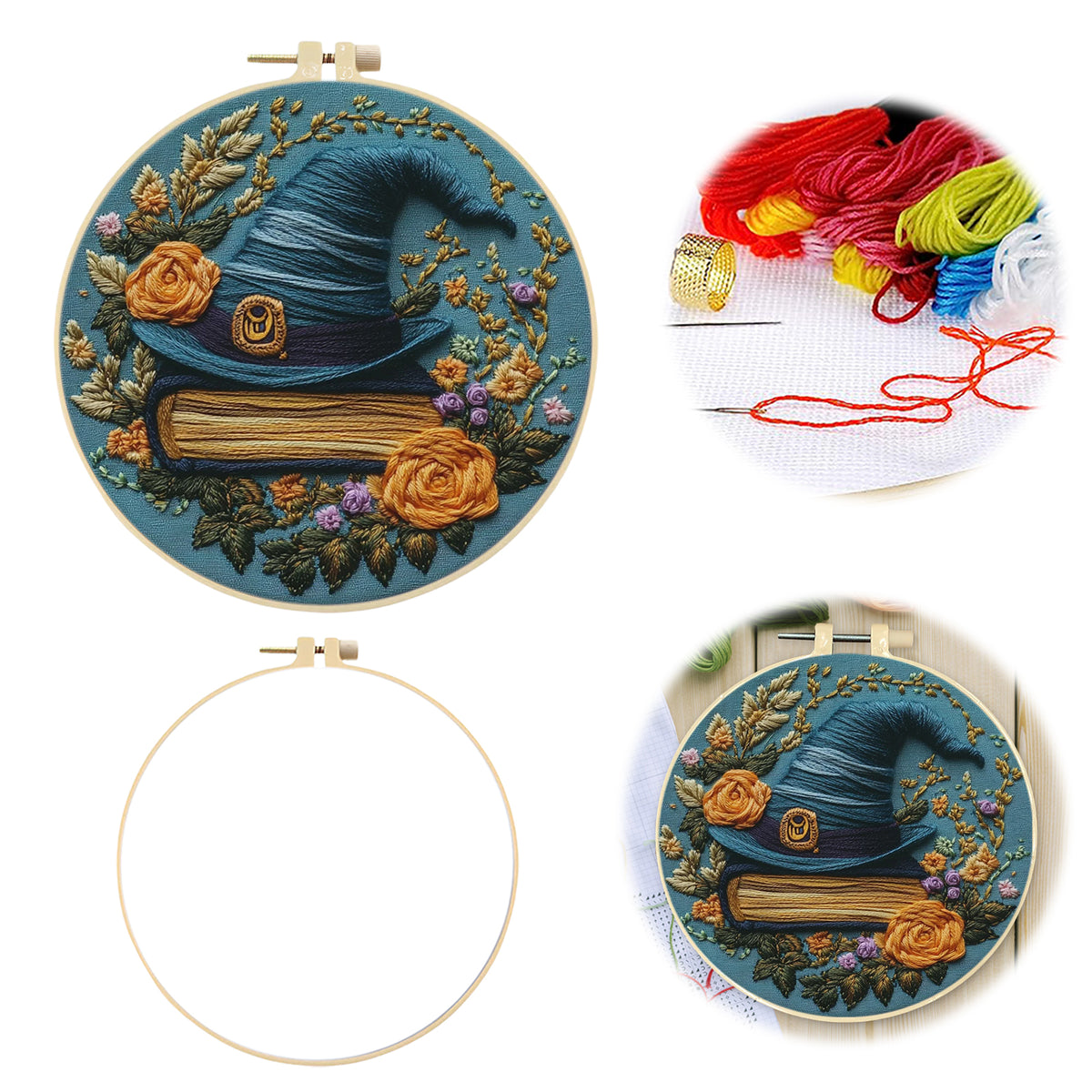 Witch Hat - DIY Embroidery Cross Stitch Kit with Pattern Cotton Threads Needles Hoop 30×30CM/11.81×11.81in