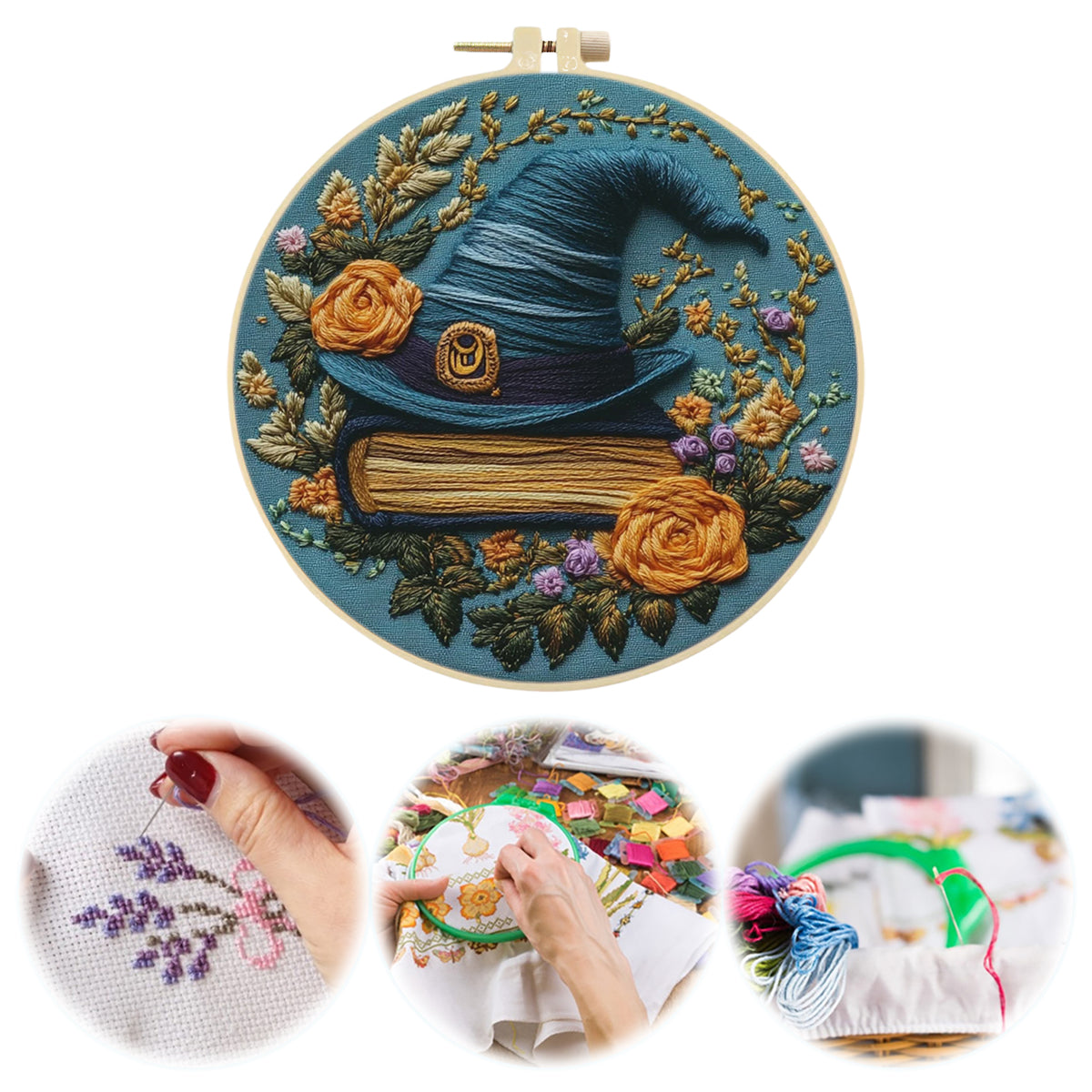 Witch Hat - DIY Embroidery Cross Stitch Kit with Pattern Cotton Threads Needles Hoop 30×30CM/11.81×11.81in