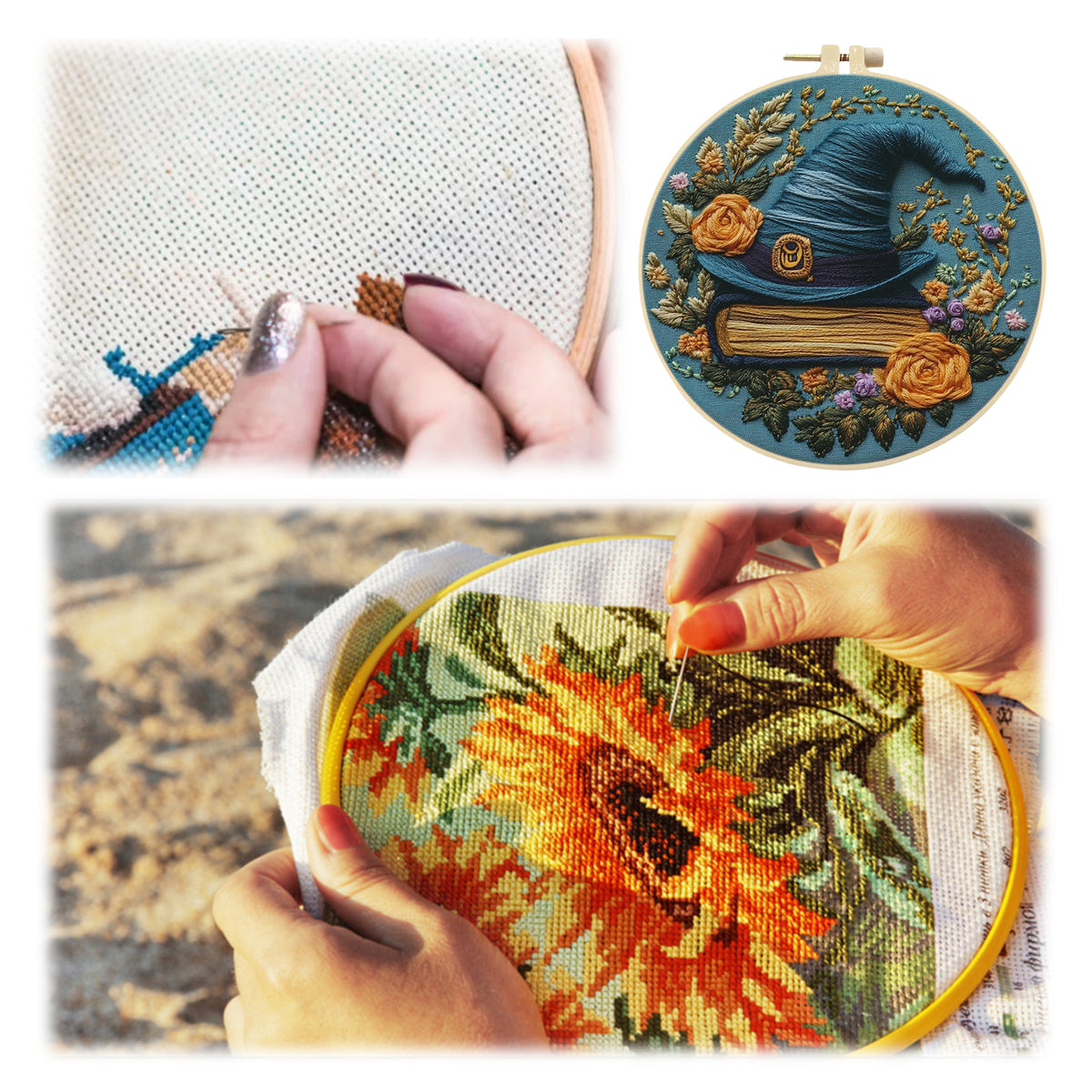 Witch Hat - DIY Embroidery Cross Stitch Kit with Pattern Cotton Threads Needles Hoop 30×30CM/11.81×11.81in