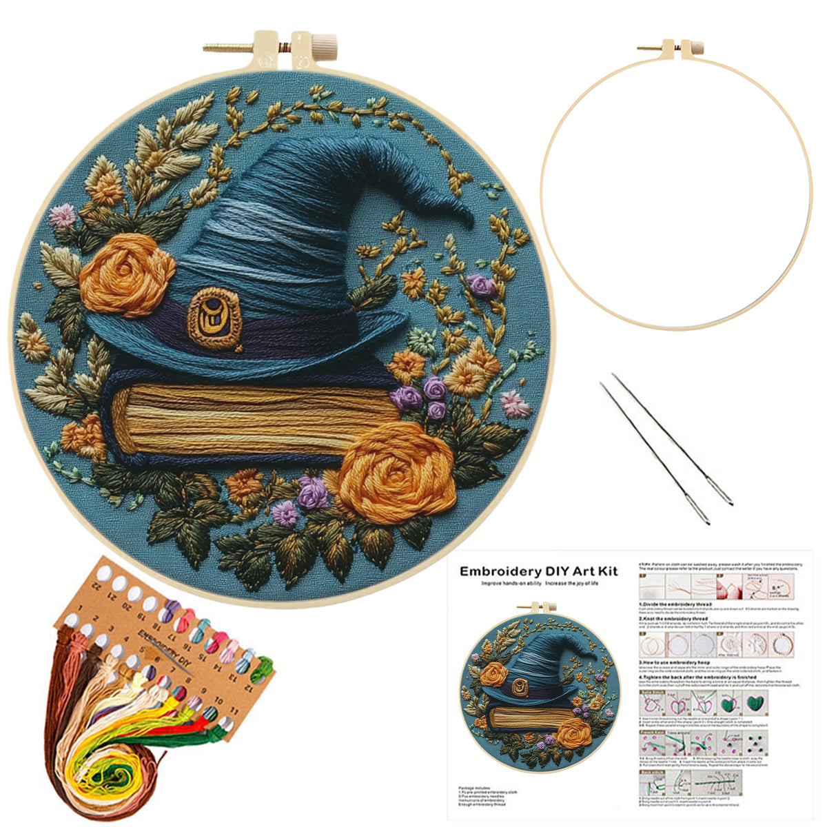 Witch Hat - DIY Embroidery Cross Stitch Kit with Pattern Cotton Threads Needles Hoop 30×30CM/11.81×11.81in