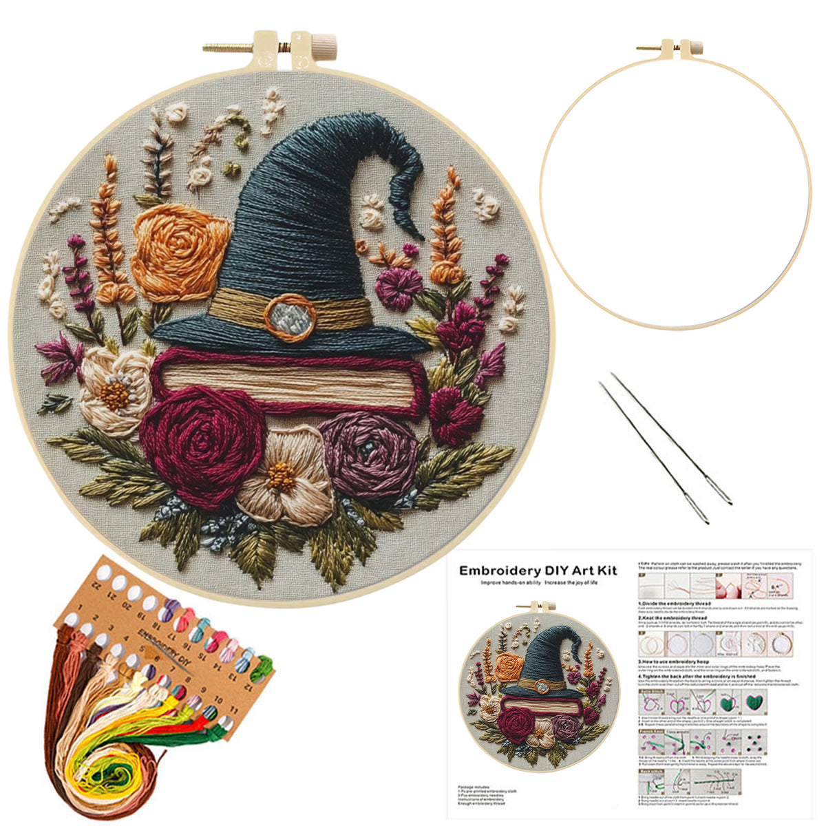 Floral Wizard - DIY Embroidery Cross Stitch Kit with Pattern Cotton Threads Needles Hoop 30×30CM/11.81×11.81in