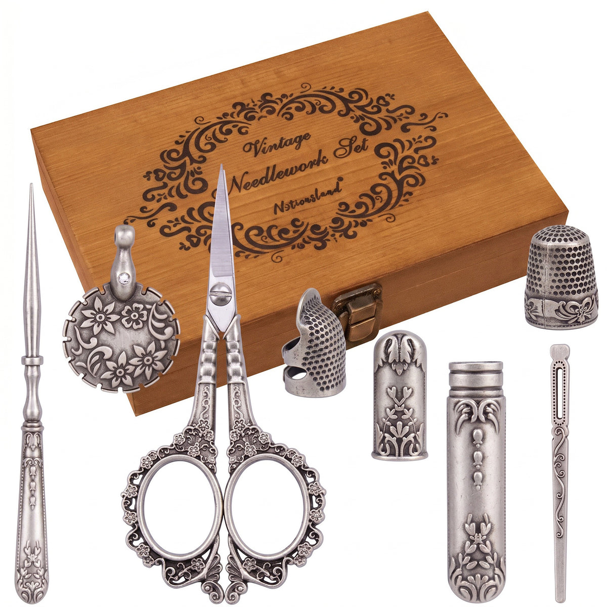 Complete Scissor Kit with Wooden Case Gift for Women Sewing Knitting(Blue)