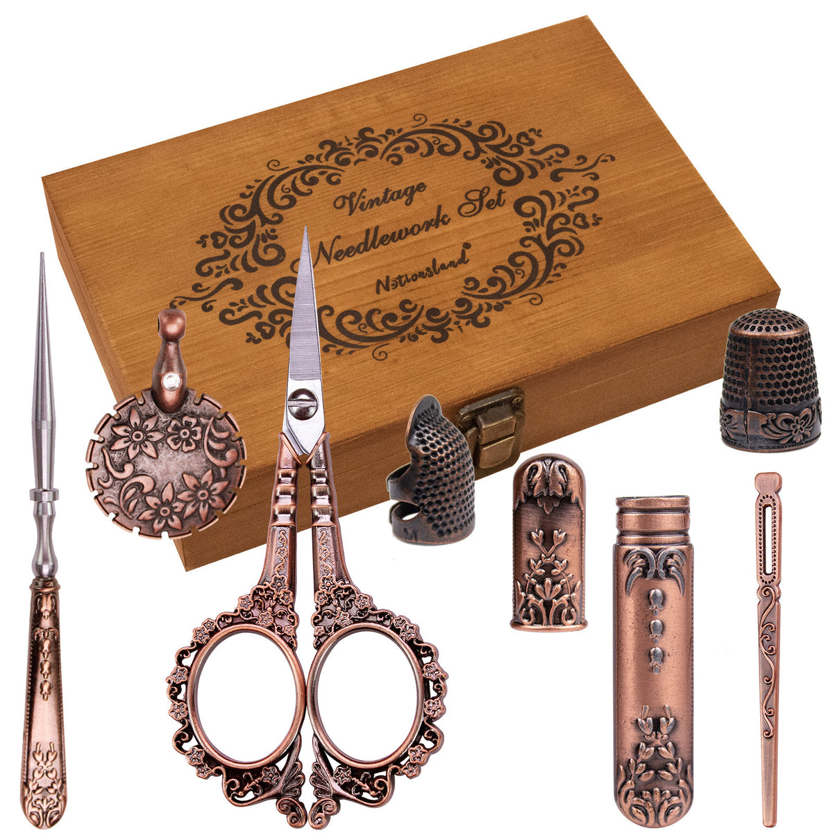 Complete Scissor Kit with Wooden Case Gift for Women Sewing Knitting(Green)